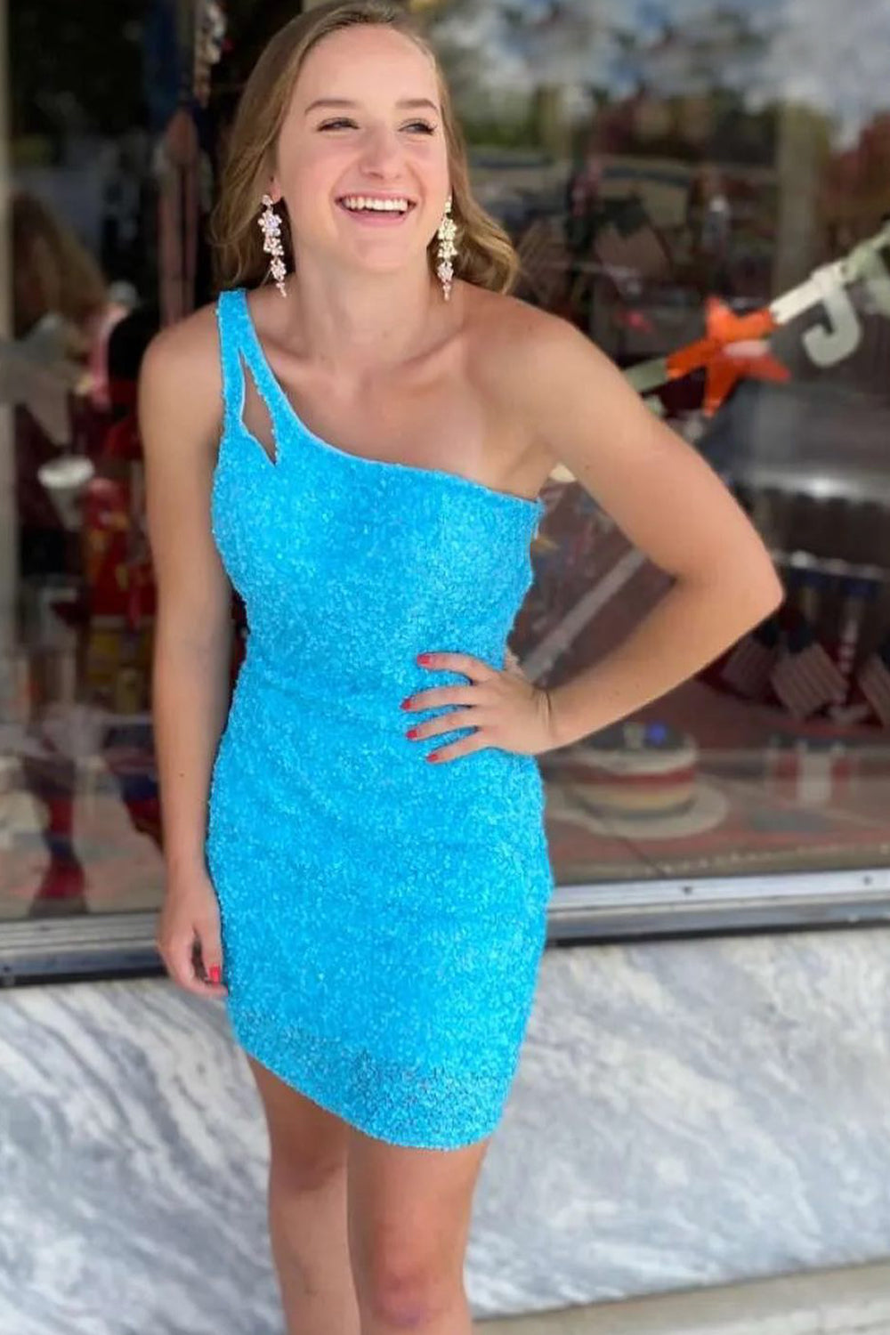 Yellow Homecoming Dresses Open Back One Shoulder Sequin Tight Cocktail Dresses