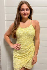 Yellow Homecoming Dresses Sequin Asymmetrical Tight Cocktail Dresses