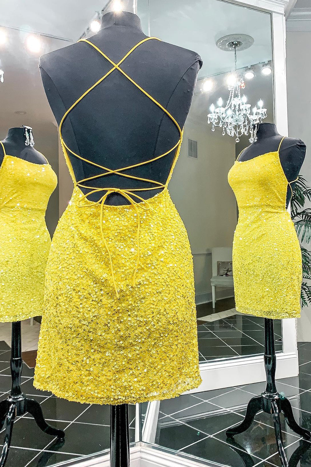 Yellow Homecoming Dresses Sequin Backless Short Cocktail Dresses