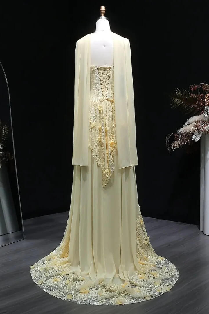 Yellow Lace A Line Prom Dress Sweetheart Lace Appliqued Formal Dress with 3D Flowers