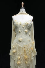 Yellow Lace A Line Prom Dress Sweetheart Lace Appliqued Formal Dress with 3D Flowers