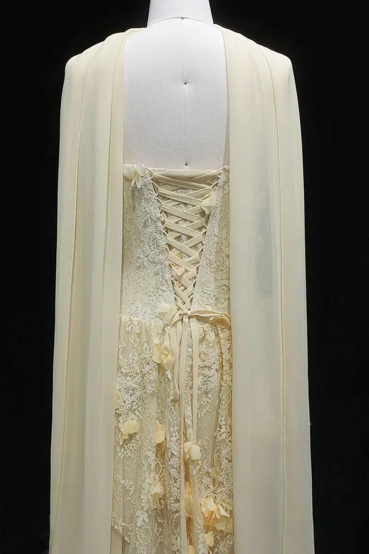 Yellow Lace A Line Prom Dress Sweetheart Lace Appliqued Formal Dress with 3D Flowers
