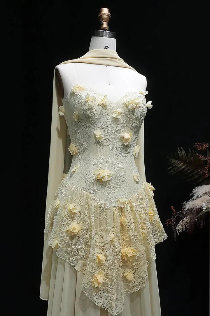 Yellow Lace A Line Prom Dress Sweetheart Lace Appliqued Formal Dress with 3D Flowers