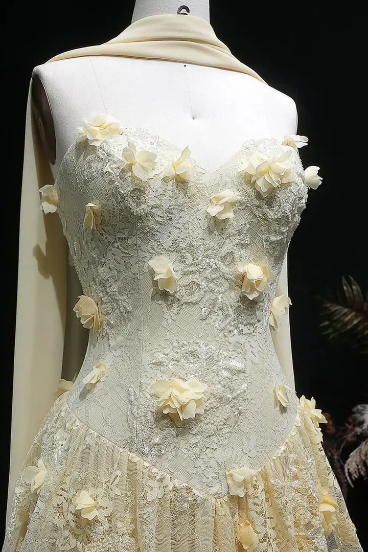 Yellow Lace A Line Prom Dress Sweetheart Lace Appliqued Formal Dress with 3D Flowers
