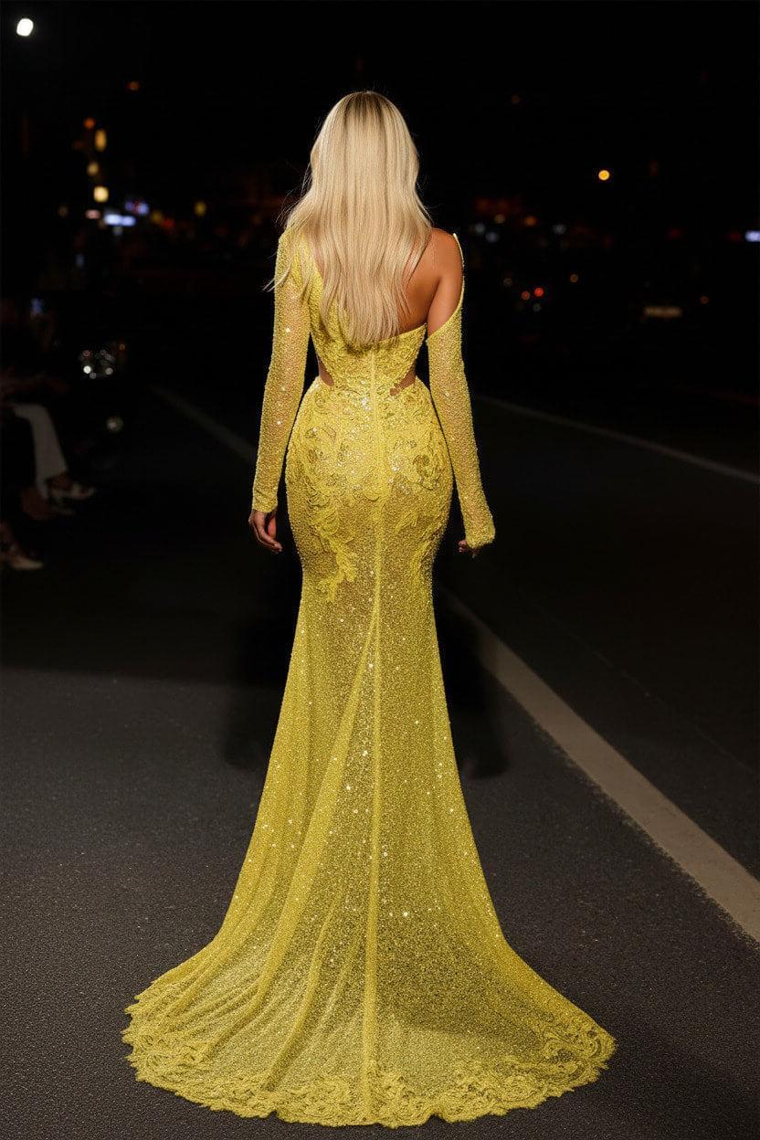 Yellow Mermaid Prom Dress Long Sleeve Asymmetric Formal Dress With Lace Appliques
