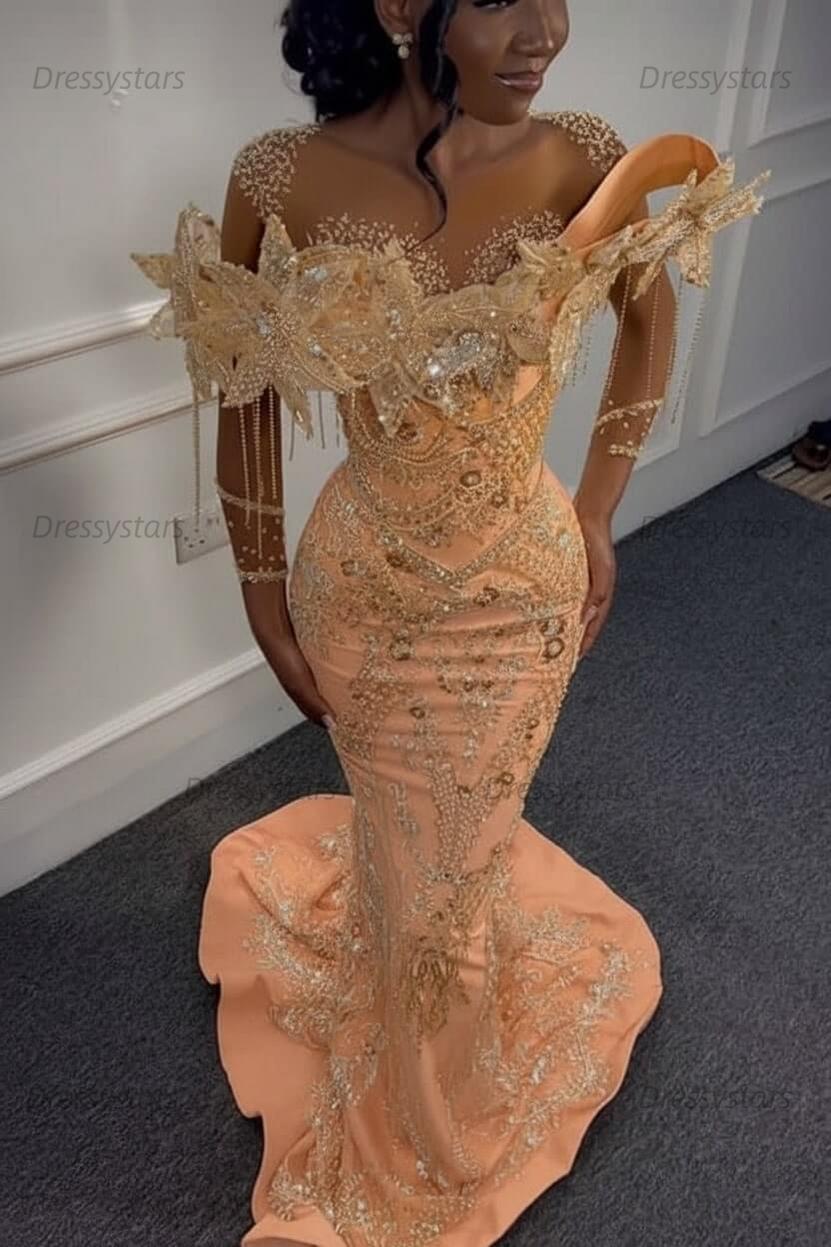 Yellow Mermaid Prom Dress Long Sleeve Beaded Formal Dress with 3D Flowers