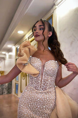 Yellow Mermaid Prom Dress Sleeveless One Shoulder Formal Dress With Beadings and Rhinestones