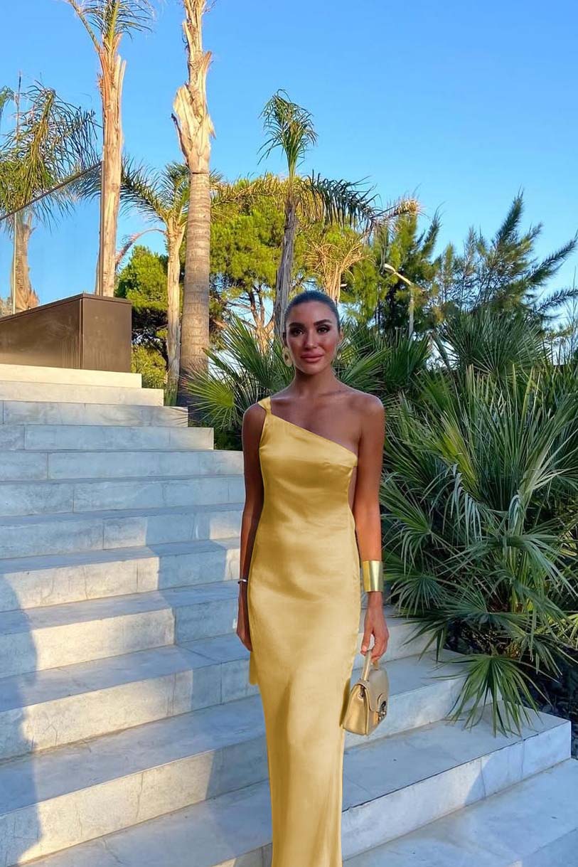 Yellow Mermaid Prom Dress Sleeveless One Shoulder Satin Formal Dress