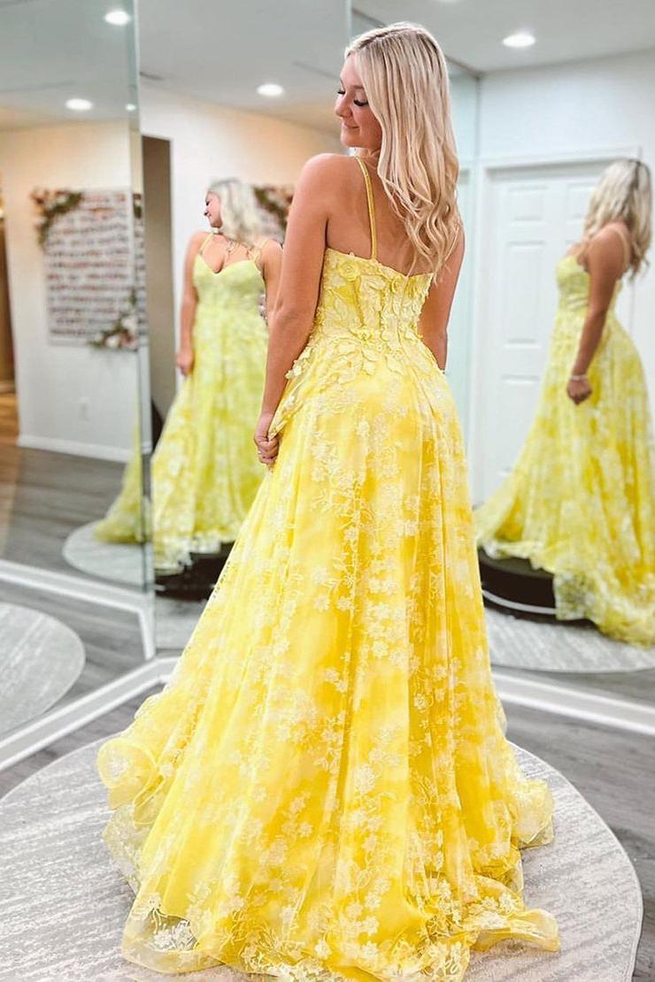 Yellow Prom Dress A Line Spaghetti Straps Long Appliques Evening Dress