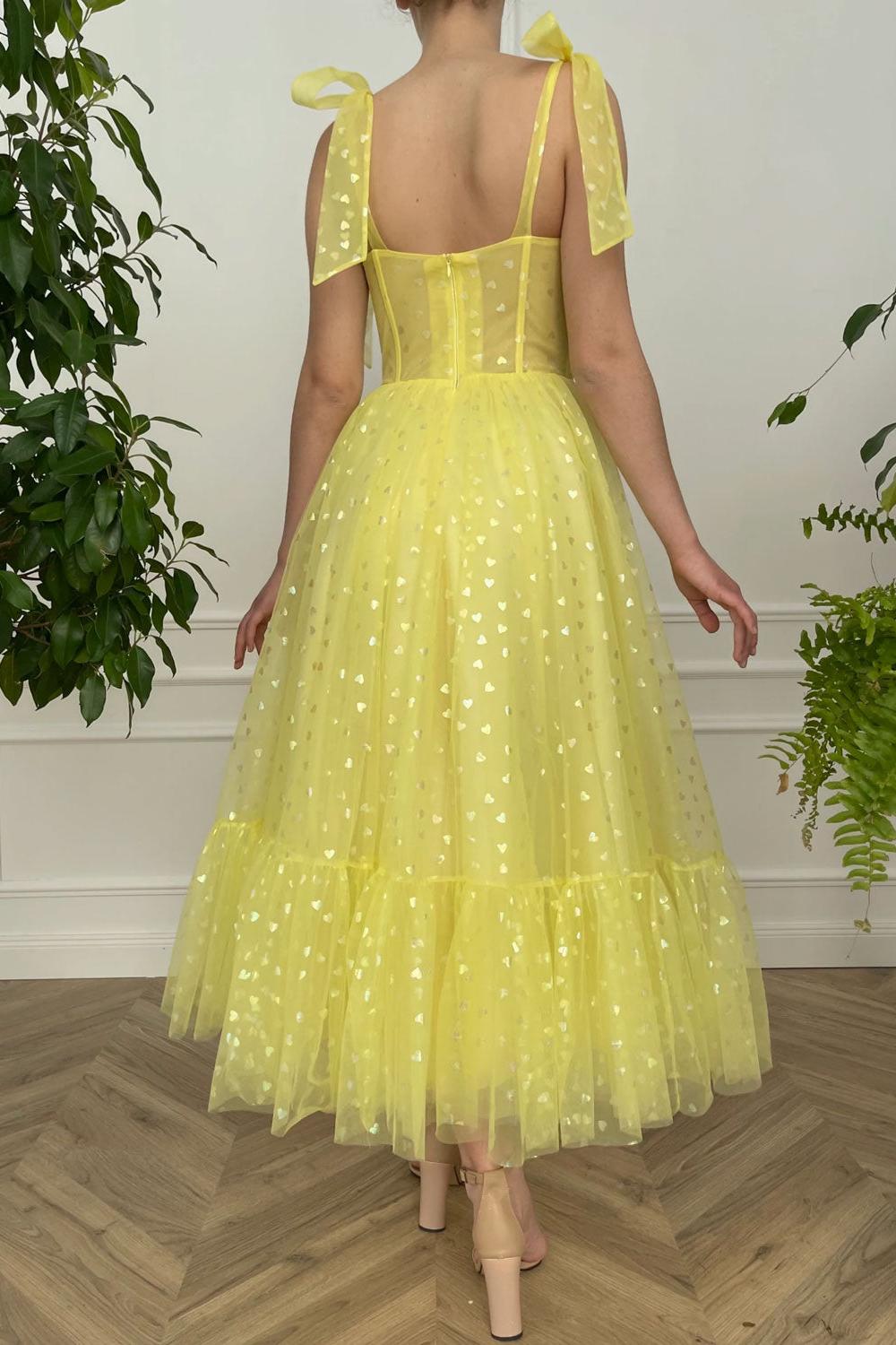 Yellow Prom Dress Homecoming Dress Sweetheart Neck Tulle Tea Length Party Cocktail Dress