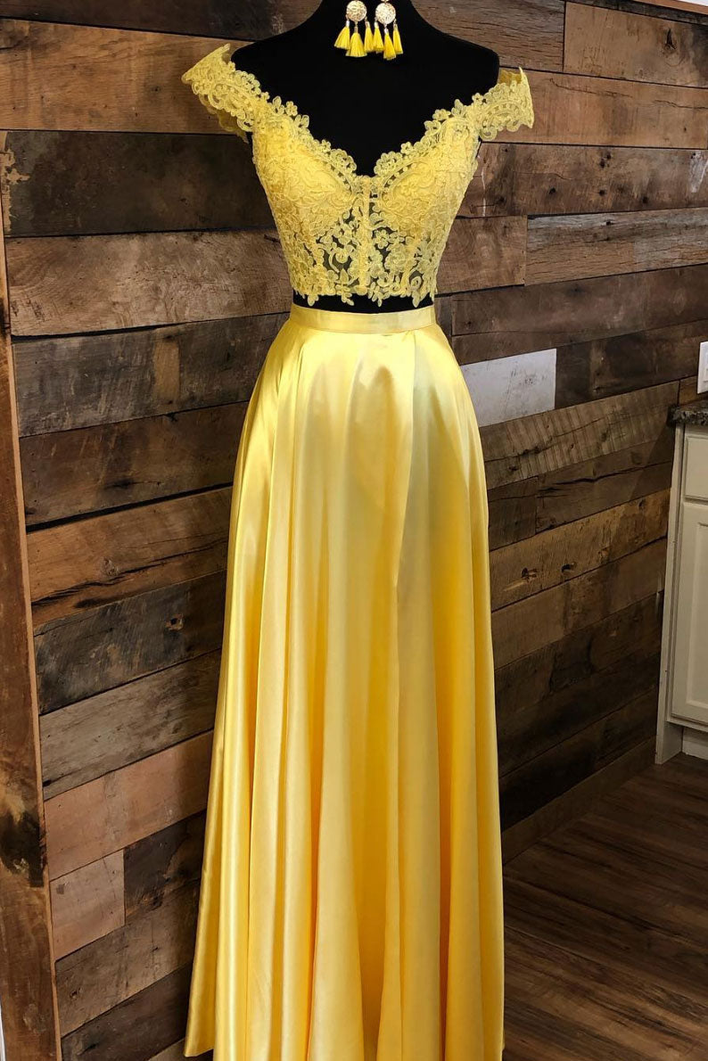 Yellow Prom Dress Lace Two Piece Long Evening Dress