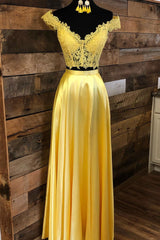 Yellow Prom Dress Lace Two Piece Long Evening Dress