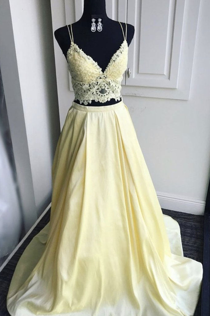 Yellow Prom Dress Lace Two Piece Long Formal Evening Dress