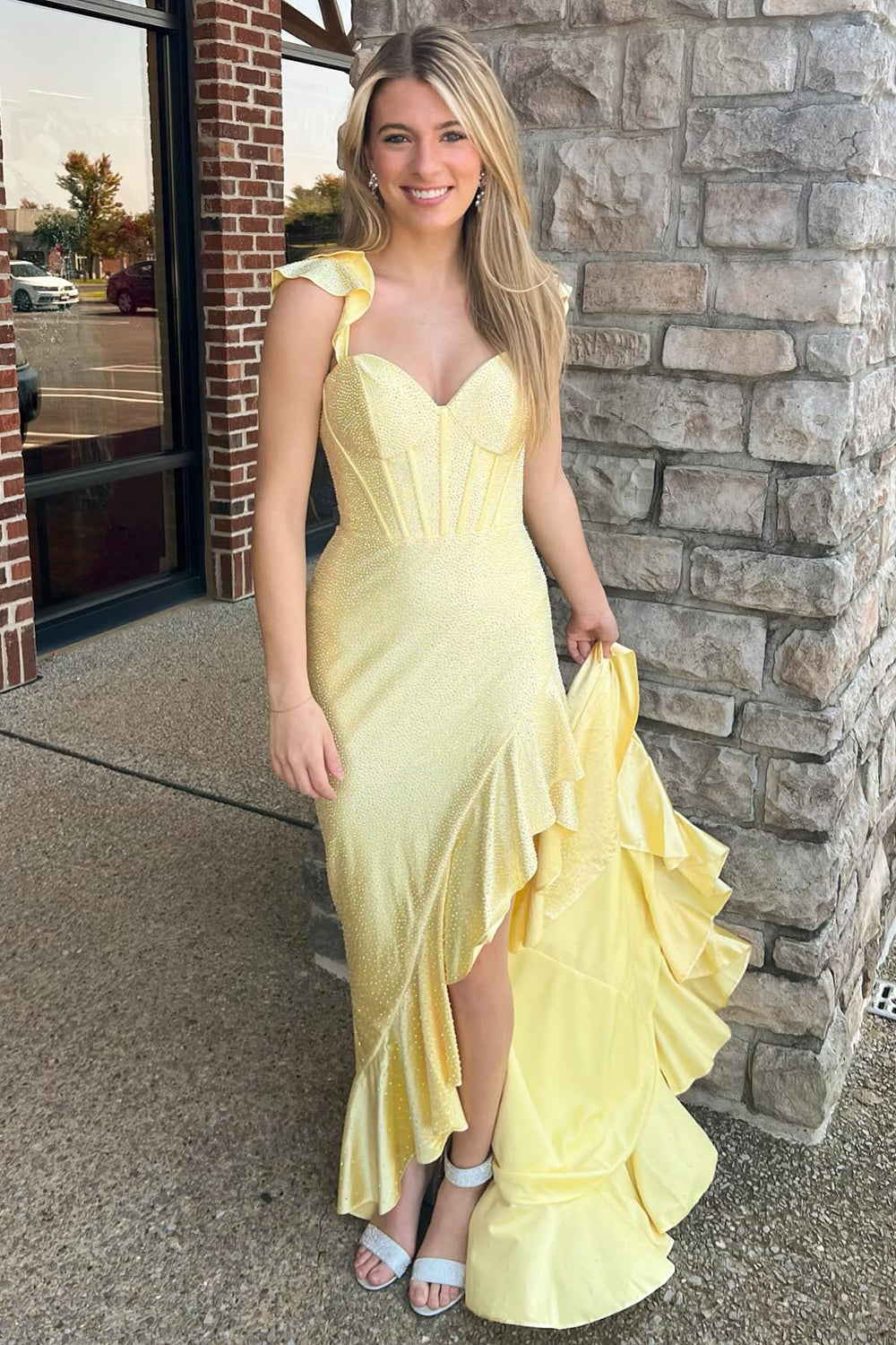 Yellow Prom Dress Mermaid Corset Asymmetrical Evening Dress with Ruffles
