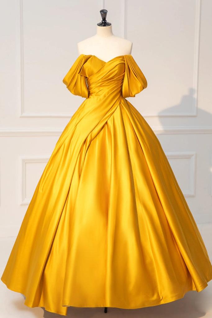 Yellow Prom Dress Off the Shoulder Satin Long Evening Dress