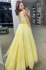 Yellow Prom Dress Plunge V Ruffle Tiered Long Evening Dress with Split