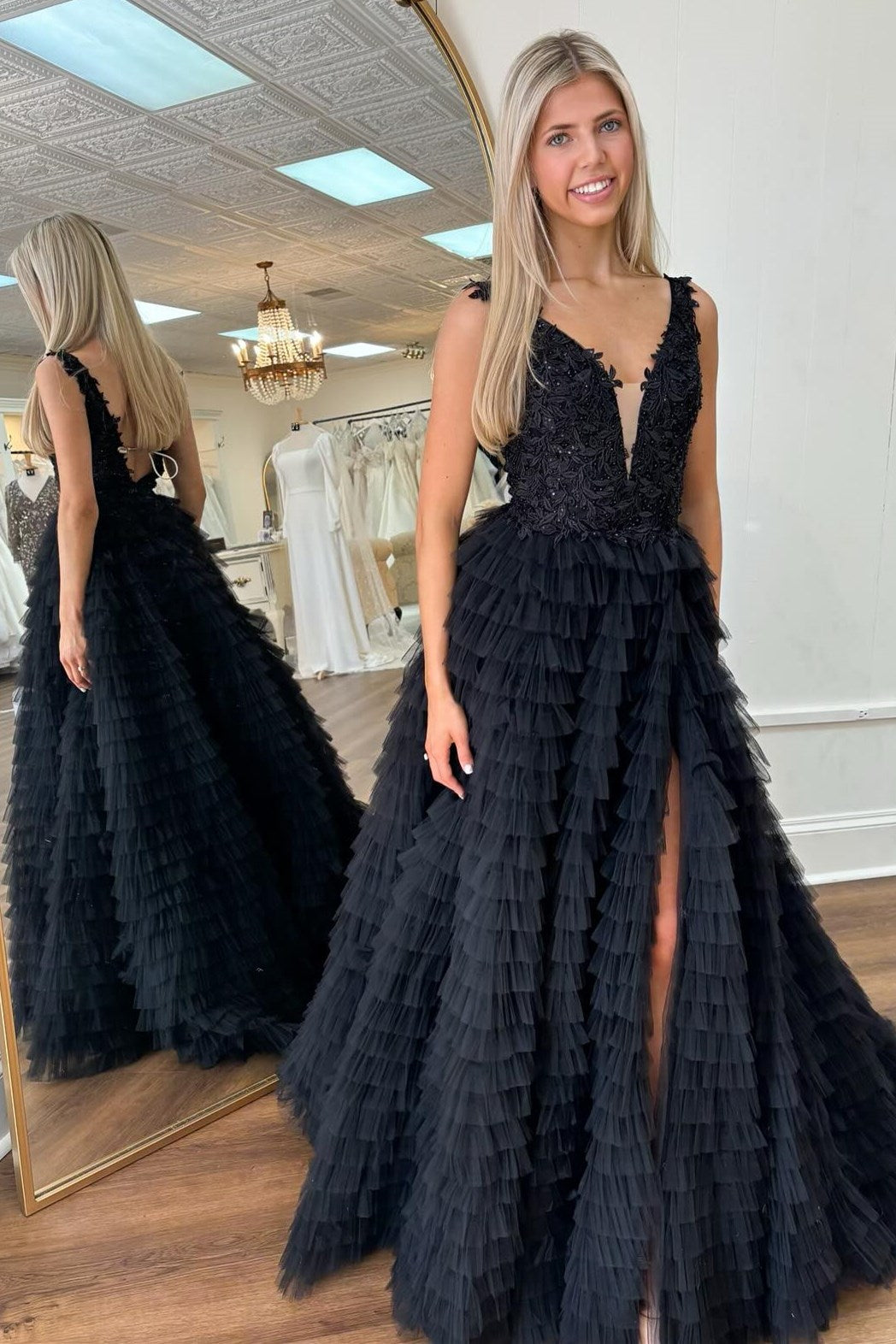 Yellow Prom Dress Plunge V Ruffle Tiered Long Evening Dress with Split