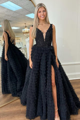 Yellow Prom Dress Plunge V Ruffle Tiered Long Evening Dress with Split