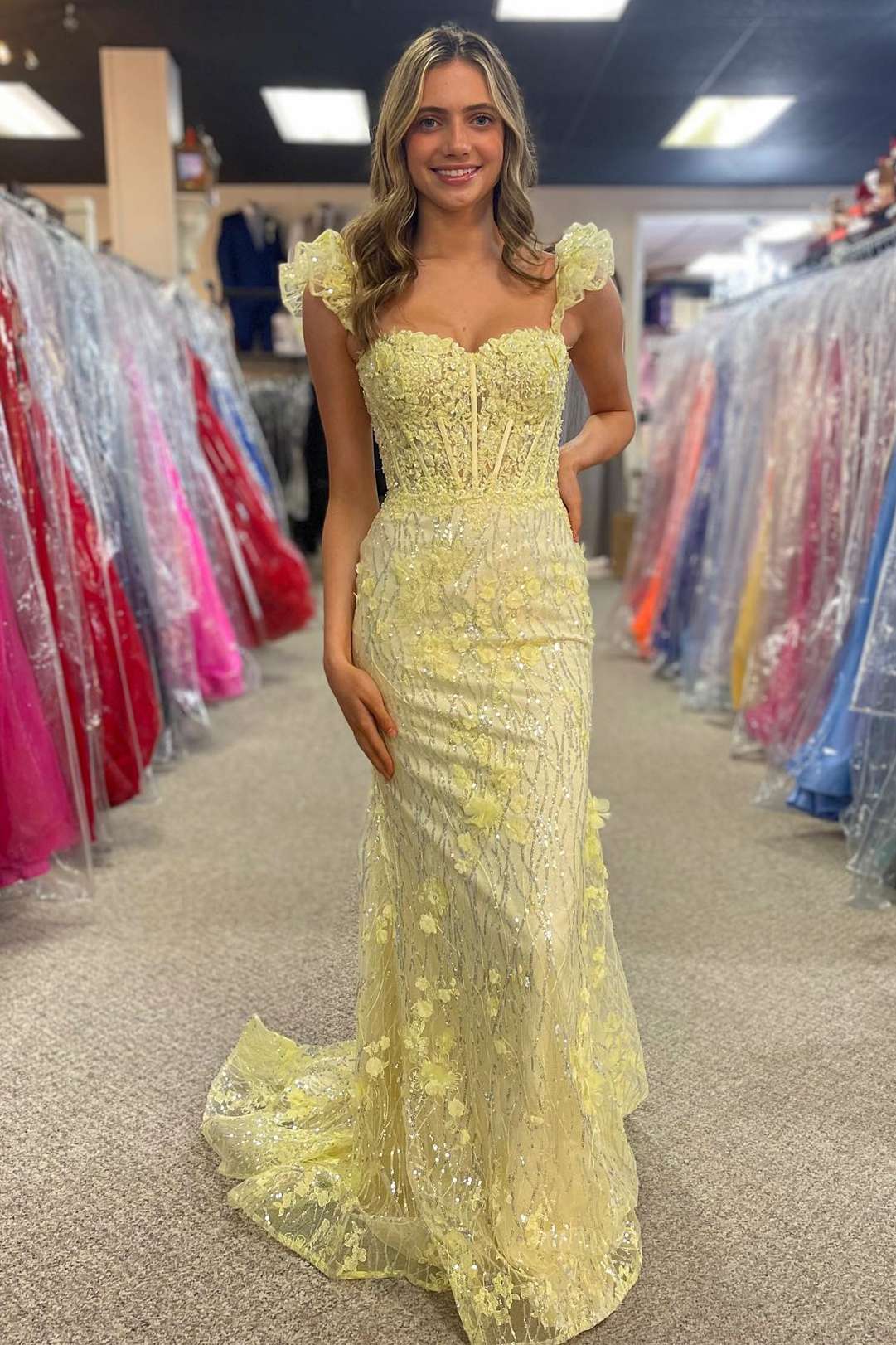 Yellow Prom Dress Ruffle Straps 3D Flower Mermaid Long Evening Dress
