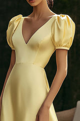 Yellow Prom Dress Satin A Line V-Neck Long Formal Dress With Puff Sleeves