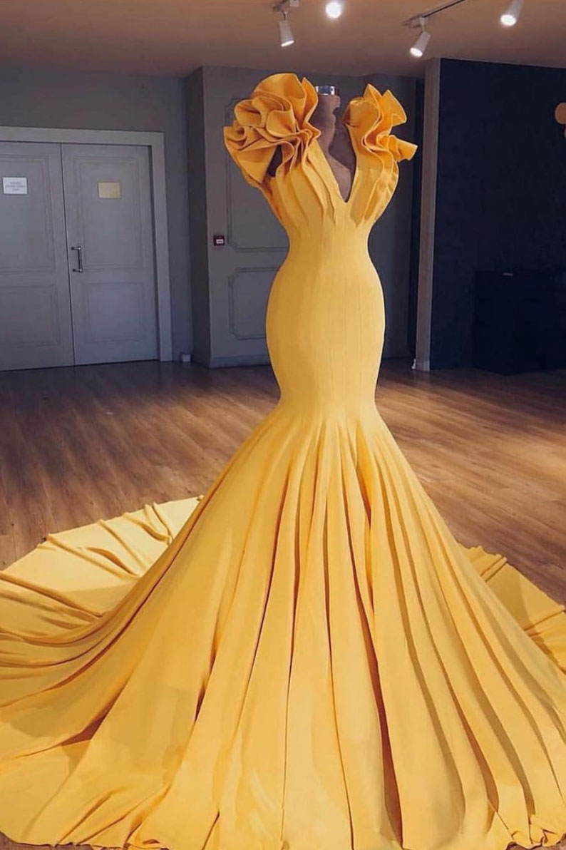 Yellow Prom Dress Satin Mermaid Long Formal Evening Dress