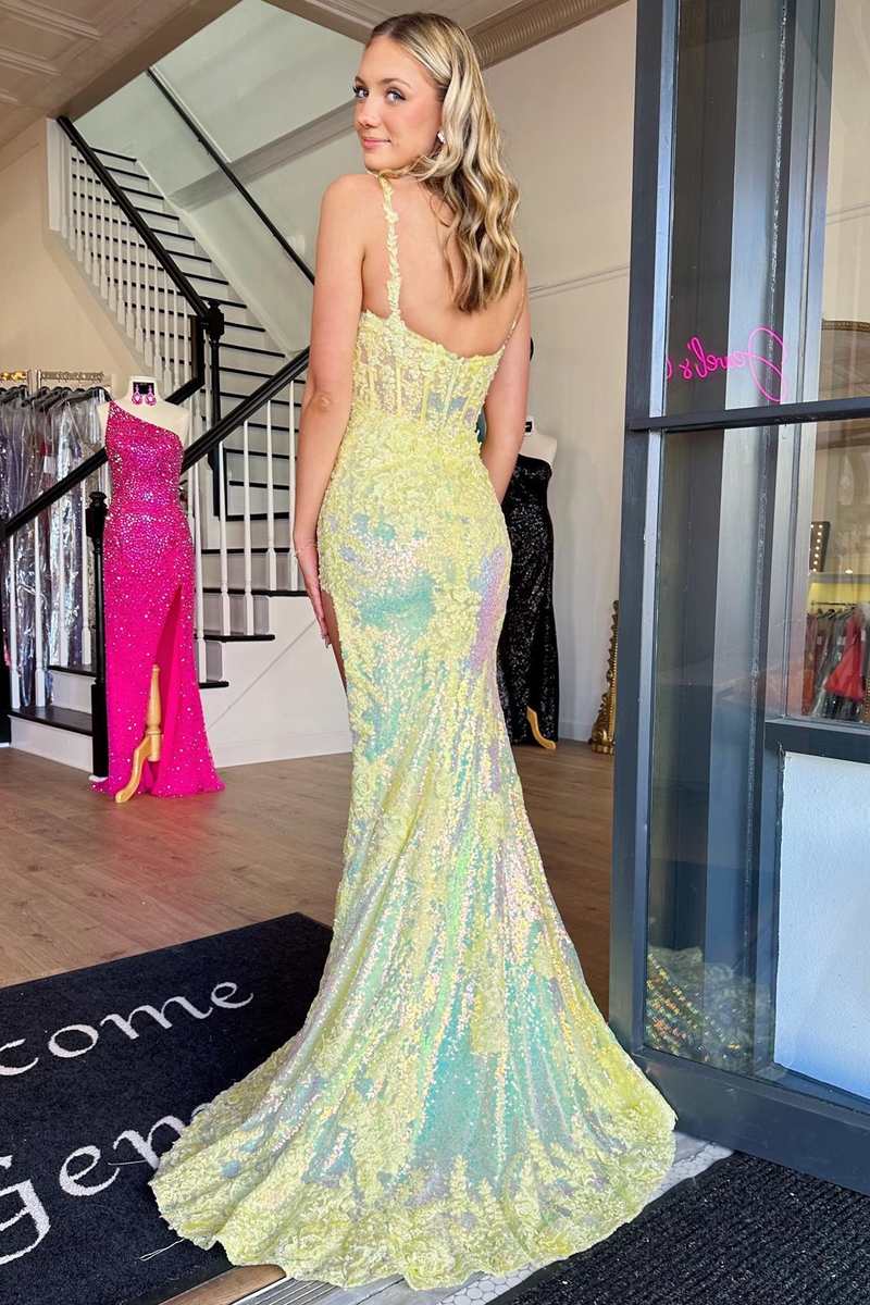 Yellow Prom Dress Sequin Appliques Scoop Neck Mermaid Long Elegant Evening Dress with Split