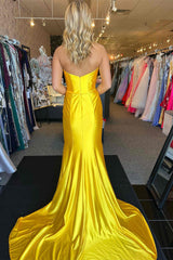 Yellow Prom Dress Strapless Bow Mermaid Long Evening Dress