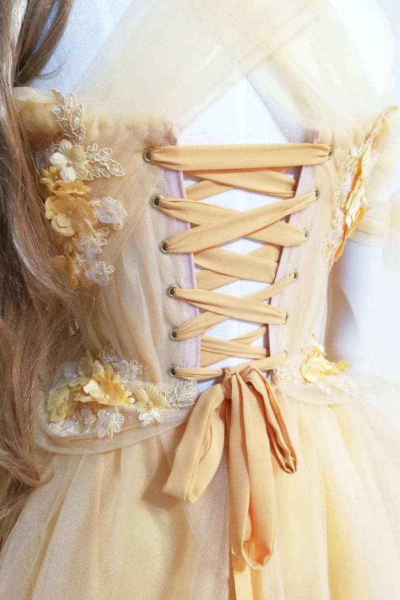 Yellow Prom Dress Sweetheart Lace Tulle Long Formal Dress Evening Dress