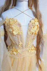 Yellow Prom Dress Sweetheart Lace Tulle Long Formal Dress Evening Dress