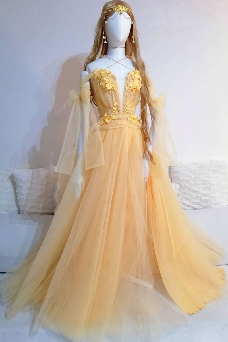 Yellow Prom Dress Sweetheart Lace Tulle Long Formal Dress Evening Dress