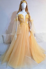 Yellow Prom Dress Sweetheart Lace Tulle Long Formal Dress Evening Dress