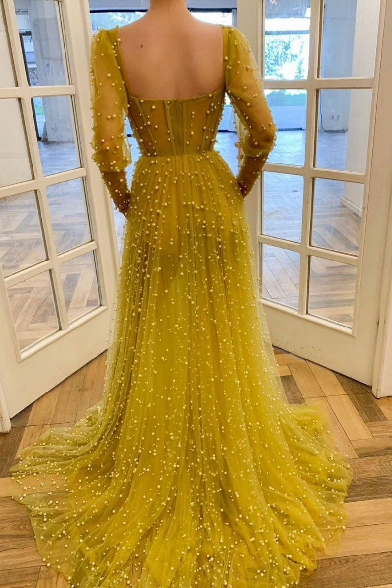 Yellow Prom Dress Tulle Beaded Long Formal Gown Evening Dress