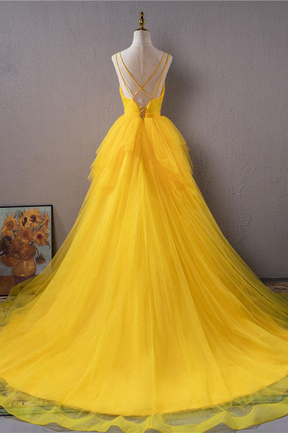 Yellow Prom Dress V Neck High Low Evening Gown Evening Dress