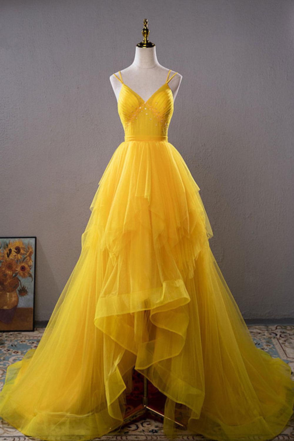 Yellow Prom Dress V Neck High Low Evening Gown Evening Dress