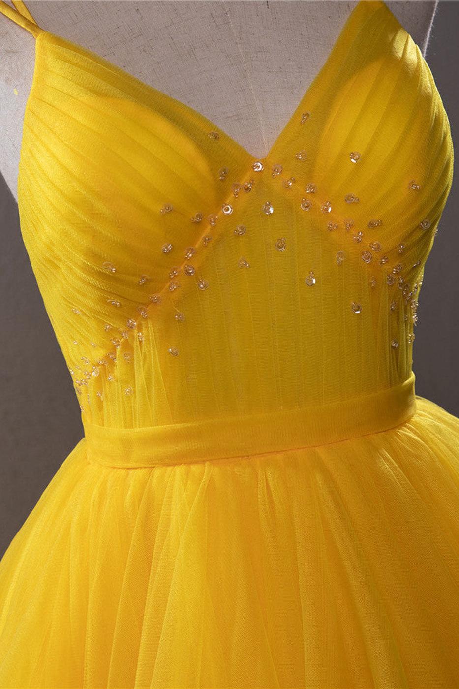 Yellow Prom Dress V Neck High Low Evening Gown Evening Dress