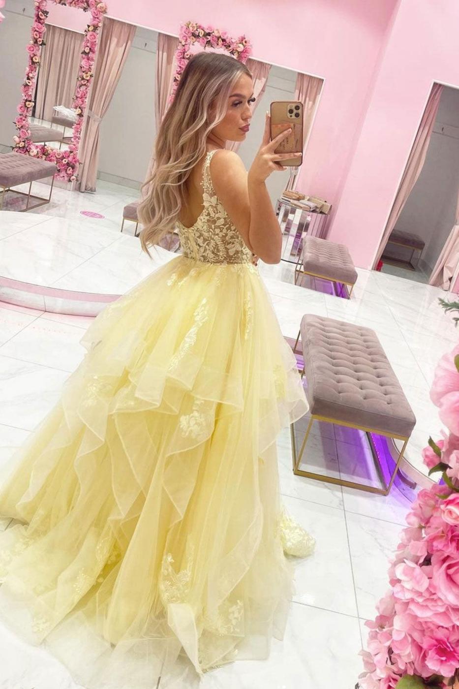 Yellow Prom Dress V Neck Tulle Lace Long Evening Dress