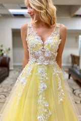 Yellow Prom Dress V Neck Tulle Lace Long Formal Dress Evening Dress
