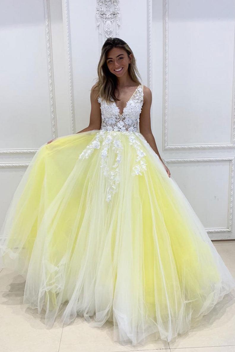 Yellow Prom Dress V Neck Tulle Lace Long Formal Dress Evening Dress