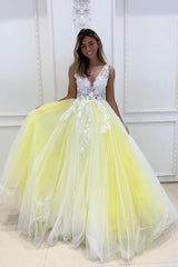 Yellow Prom Dress V Neck Tulle Lace Long Formal Dress Evening Dress