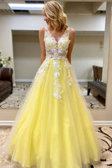 Yellow Prom Dress V Neck Tulle Lace Long Formal Dress Evening Dress