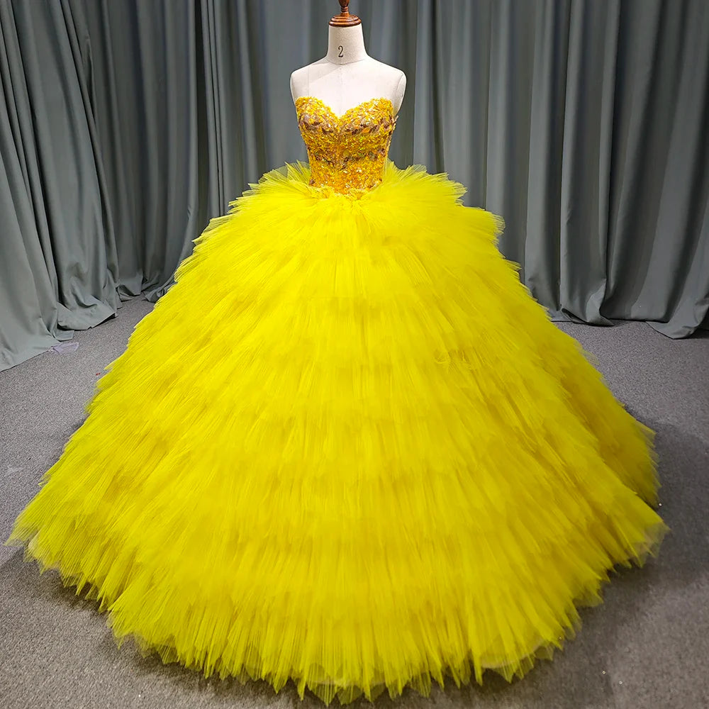 Yellow Quinceanera Dress Luxury Lace Party Dress Strapless Prom Ball Gown Quinceanera Gown