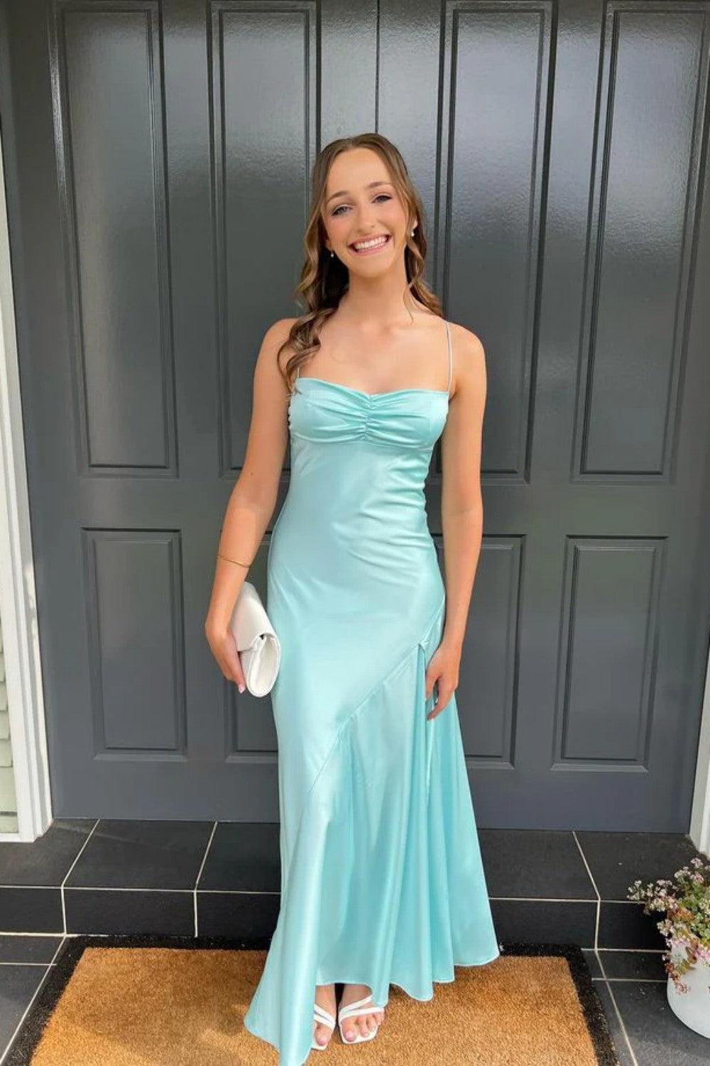 Dressystars Yellow Satin Spaghetti Straps Long Ruched Prom Dress With Slit Formal Evening Gown