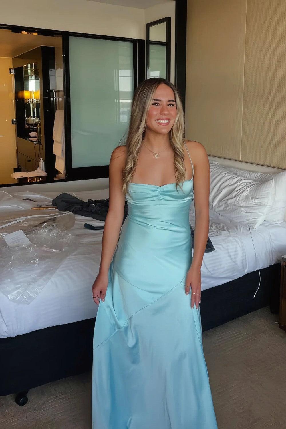 Dressystars Yellow Satin Spaghetti Straps Long Ruched Prom Dress With Slit Formal Evening Gown