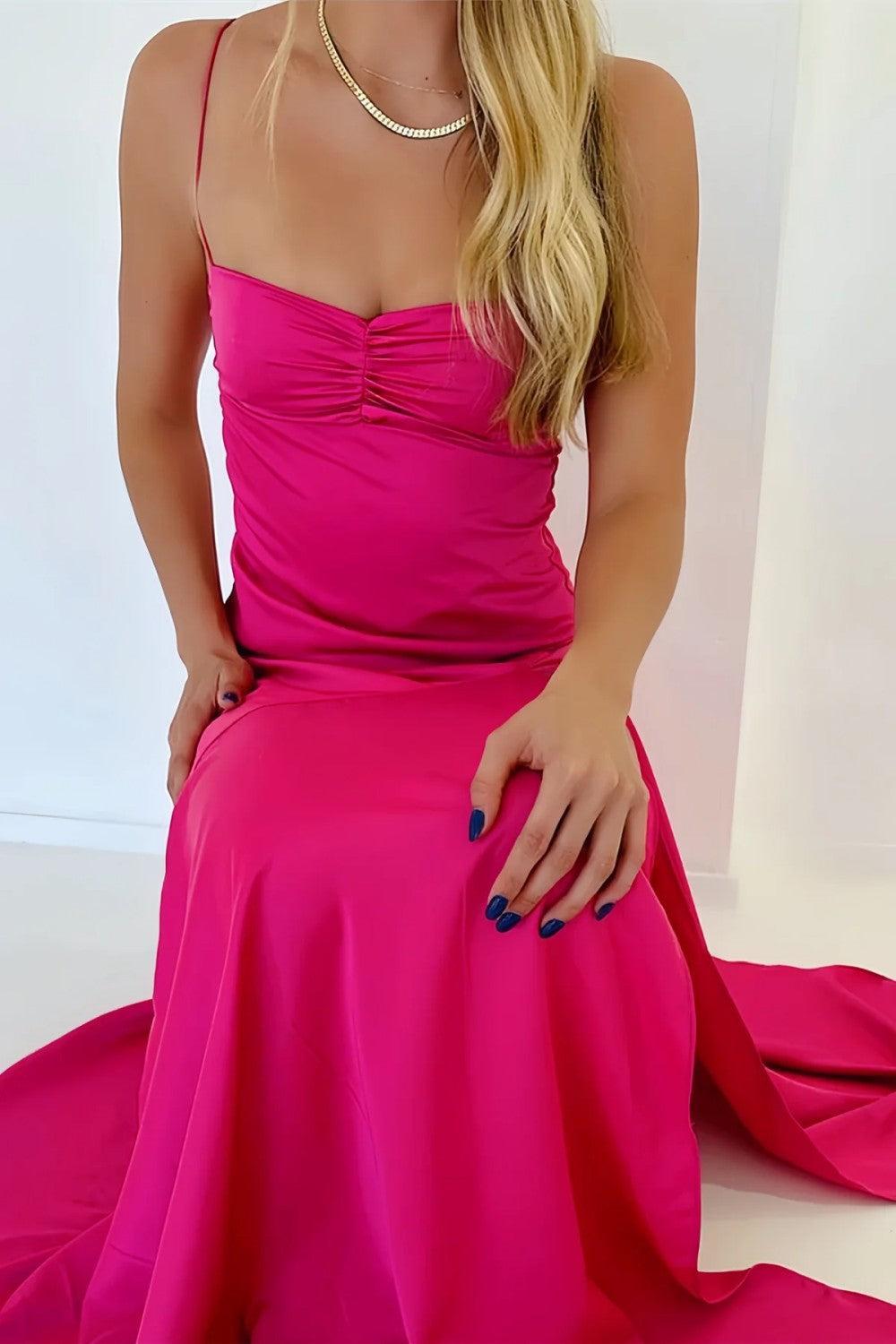 Dressystars Yellow Satin Spaghetti Straps Long Ruched Prom Dress With Slit Formal Evening Gown
