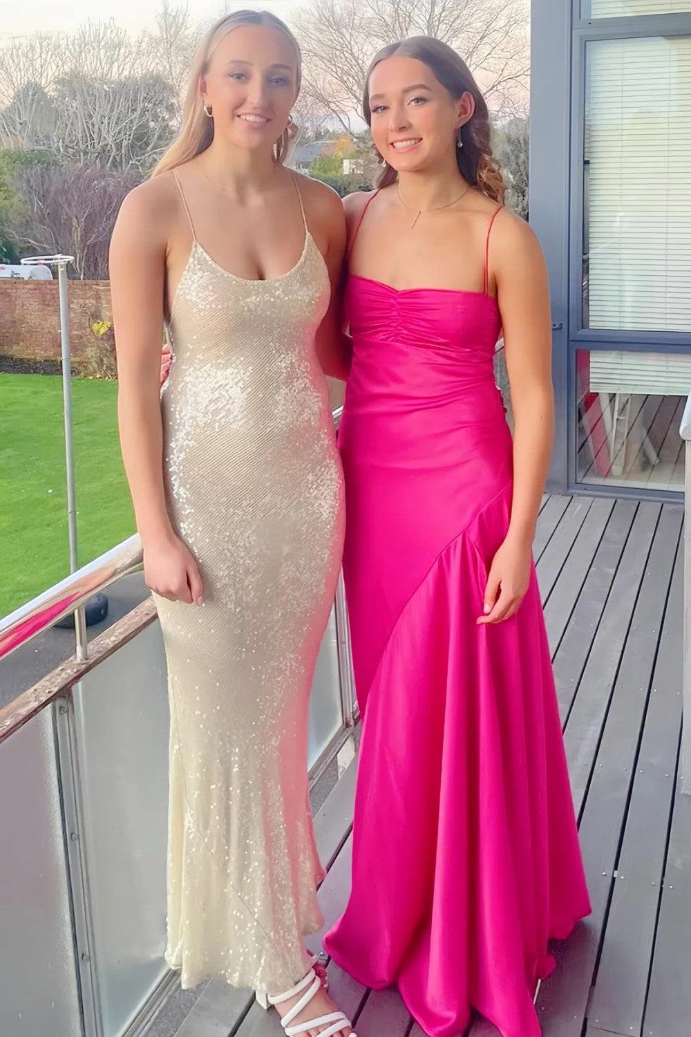 Dressystars Yellow Satin Spaghetti Straps Long Ruched Prom Dress With Slit Formal Evening Gown