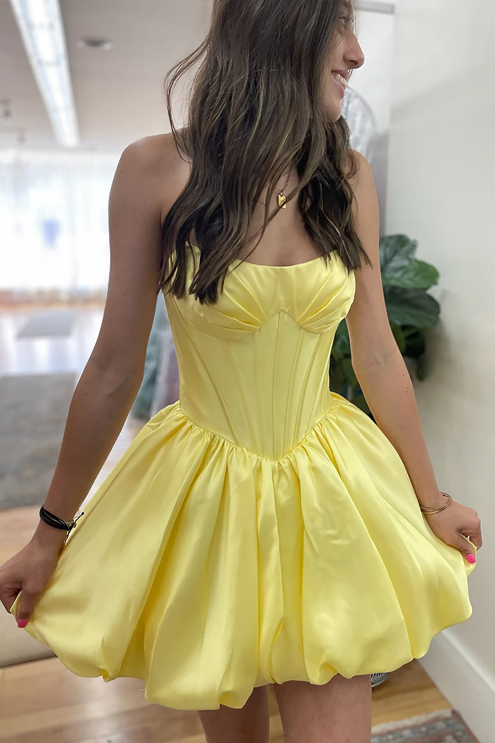 Yellow Satin Strapless A Line Homecoming Dresses Short Corset Cocktail Dresses