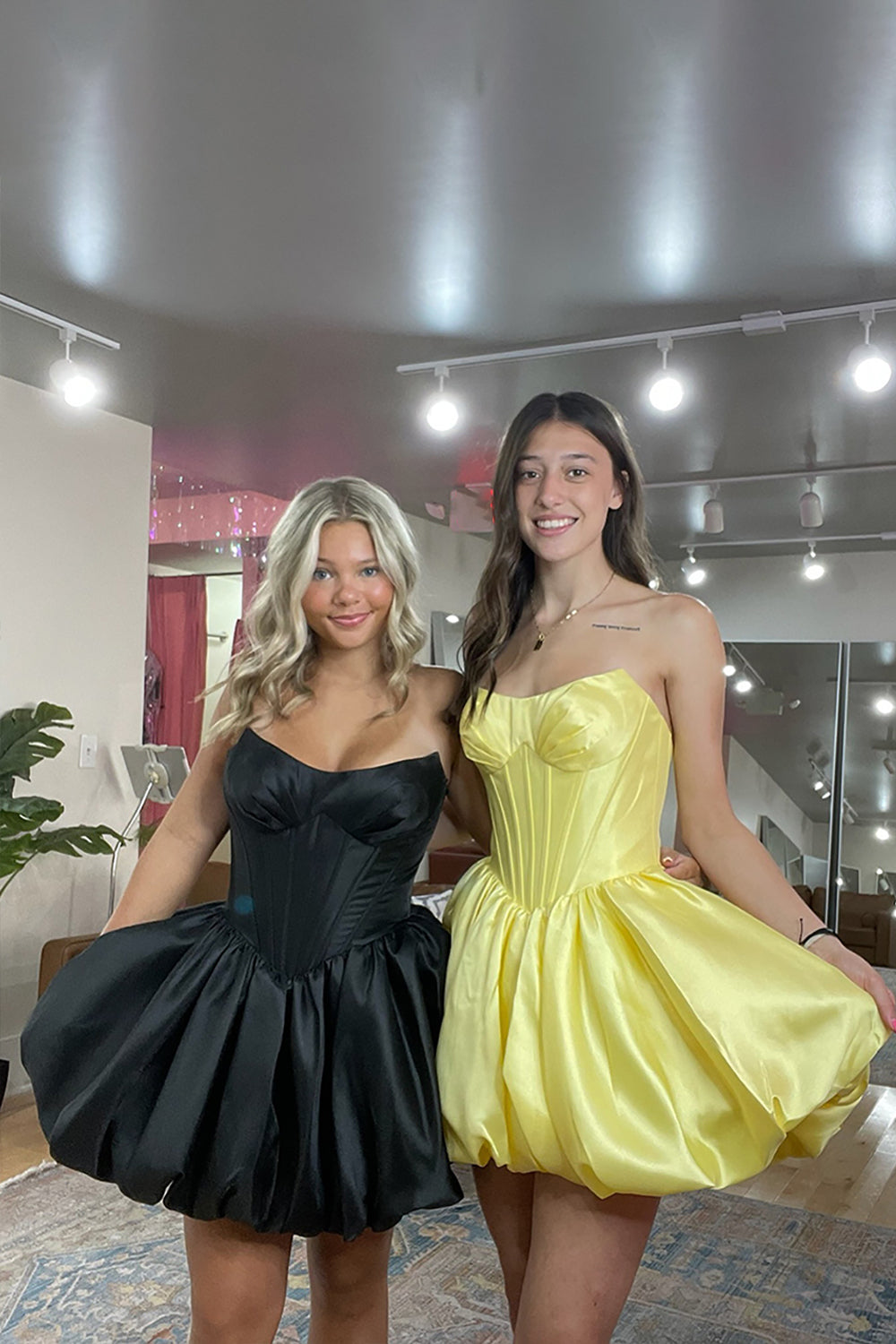 Yellow Satin Strapless A Line Homecoming Dresses Short Corset Cocktail Dresses