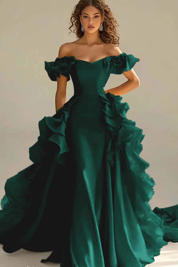 Yellow Sheath/Column Prom Dress Cap Sleeve Off the Shoulder Ruffled Formal Dress