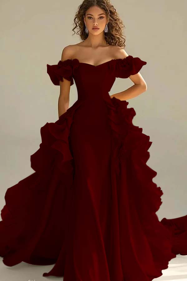 Yellow Sheath/Column Prom Dress Cap Sleeve Off the Shoulder Ruffled Formal Dress