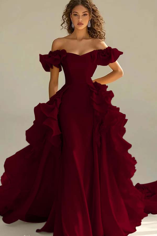 Yellow Sheath/Column Prom Dress Cap Sleeve Off the Shoulder Ruffled Formal Dress